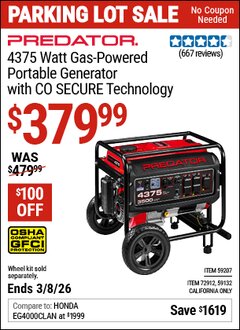 Harbor Freight Coupon PREDATOR 4375 WATT GAS-POWERED PORTABLE GENERATOR WITH CO SECURE TECHNOLOGY Lot No. 59132/59207/72912 Valid Thru: 3/8/26 - $379.99