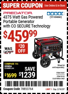 Harbor Freight Coupon PREDATOR 4375 WATT GAS POWERED PORTABLE GENERATOR WITH CO SECURE TECHNOLOGY Lot No. 59207, 59132 Expired: 2/19/23 - $459.99