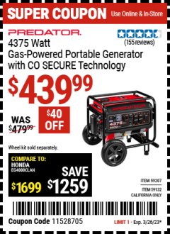 Harbor Freight Coupon PREDATOR 4375 WATT GAS POWERED PORTABLE GENERATOR WITH CO SECURE TECHNOLOGY Lot No. 59207, 59132 Expired: 3/26/23 - $439.99