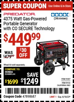 Harbor Freight Coupon PREDATOR 4375 WATT GAS POWERED PORTABLE GENERATOR WITH CO SECURE TECHNOLOGY Lot No. 59207, 59132 Expired: 6/18/23 - $449.99
