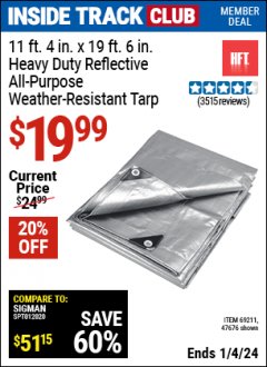 Harbor Freight ITC Coupon 11 FT. 4 IN. X 19 FT. 6 IN. SILVER HEAVY DUTY REFLECTIVE ALL PURPOSE WEATHER RESISTANT TARP Lot No. 47676/69211/69127 Expired: 1/4/24 - $19.99