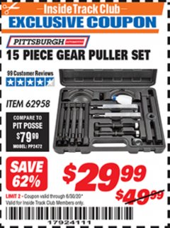 Harbor Freight ITC Coupon 14 PIECE GEAR PULLER SET Lot No. 62958 Expired: 6/30/20 - $29.99