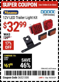 Harbor Freight Coupon KENWAY 12-VOLT LED TRAILER LIGHT KIT Lot No. 64275, 64337 Expired: 10/23/22 - $32.99