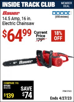 Harbor Freight ITC Coupon BAUER 14.5 AMP, 16 IN. ELECTRIC CHAINSAW Lot No. 57622 Expired: 4/27/23 - $64.99