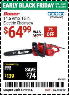 Harbor Freight Coupon BAUER 14.5 AMP, 16 IN. ELECTRIC CHAINSAW Lot No. 57622 Expired: 11/23/22 - $64.99