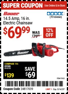 Harbor Freight Coupon BAUER 14.5 AMP, 16 IN. ELECTRIC CHAINSAW Lot No. 57622 Expired: 5/14/23 - $69.99