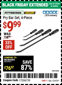 Harbor Freight Coupon PITTSBURGH PRY BAR SET, 4 PC. Lot No. 58388 Expired: 12/3/23 - $9.99