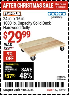 Harbor Freight Coupon 24 IN. X 16IN., 1000LB. CAPACITY SOLID DECK HARDWOOD DOLLY Lot No. 56782 Expired: 1/8/23 - $29.99