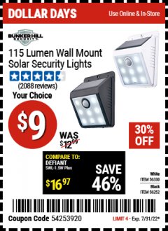 Harbor Freight Coupon BUNKER HILL 115 LUMEN WALL MOUNT SOLAR SECURITY LIGHT Lot No. 56330 Expired: 7/31/22 - $9