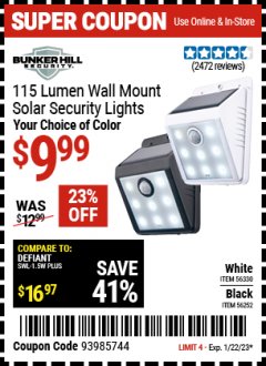 Harbor Freight Coupon BUNKER HILL 115 LUMEN WALL MOUNT SOLAR SECURITY LIGHT Lot No. 56330 Expired: 1/22/23 - $9.99
