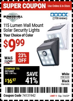 Harbor Freight Coupon BUNKER HILL 115 LUMEN WALL MOUNT SOLAR SECURITY LIGHT Lot No. 56330 Expired: 7/4/23 - $9.99