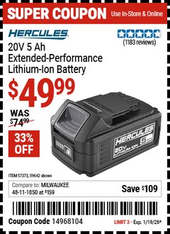 Harbor Freight Coupon HERCULES 20V 5 AH EXTENDED-PERFORMANCE LITHIUM-ION BATTERY Lot No. 59642/57373 Valid Thru: 1/19/26 - $49.99