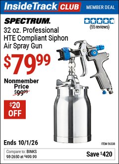 Harbor Freight Coupon SPECTRUM 32 OZ. PROFESSIONAL HTE COMPLIANT SIPHON AIR SPRAY GUN, 1.7 MM NOZZLE Lot No. 56338 Valid: 12/31/69 - 10/1/26 - $79.99