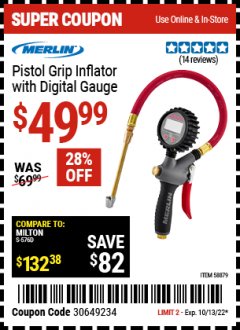 Harbor Freight Coupon PISTOL GRIP INFLATOR WITH DIGITAL GAUGE Lot No. 58879 Expired: 1/13/22 - $49.99