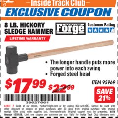 Harbor Freight ITC Coupon 8 LB. HICKORY SLEDGE HAMMER Lot No. 95969 Expired: 10/31/18 - $17.99