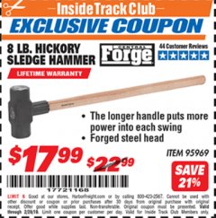 Harbor Freight ITC Coupon 8 LB. HICKORY SLEDGE HAMMER Lot No. 95969 Expired: 2/28/19 - $17.99