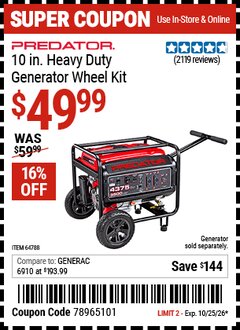 Harbor Freight Coupon PREDATOR 10 IN. HEAVY DUTY GENERATOR WHEEL KIT Lot No. 64788 Valid Thru: 10/25/26 - $49.99