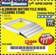 Harbor Freight Coupon ALUMINUM MOTORCYCLE WHEEL CLEANING STAND Lot No. 98800 Expired: 10/11/19 - $17.99