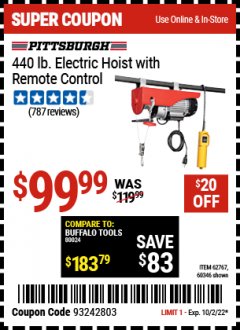 Harbor Freight Coupon 440 LB. ELECTRIC HOIST WITH REMOTE CONTROL Lot No. 62767,60346 Expired: 10/2/22 - $99.99