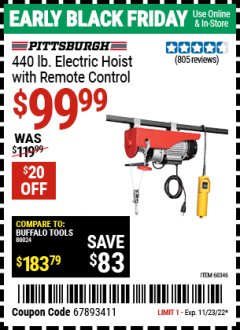 Harbor Freight Coupon 440 LB. ELECTRIC HOIST WITH REMOTE CONTROL Lot No. 62767,60346 Expired: 11/23/22 - $99.99