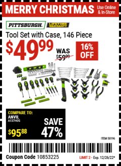 Harbor Freight Coupon TOOL SET WITH CASE, 146 PIECE Lot No. 58196 Expired: 12/26/22 - $49.99