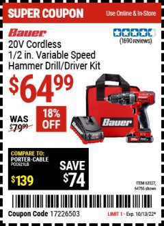 Harbor Freight Coupon BAUER 20V CORDLESS 1/2 IN. VARIABLE SPEED HAMMER DRILL/DRIVER KIT Lot No. 63527 Expired: 10/13/22 - $64.99