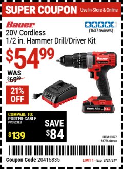 Harbor Freight Coupon BAUER 20V CORDLESS 1/2 IN. VARIABLE SPEED HAMMER DRILL/DRIVER KIT Lot No. 63527 Expired: 3/22/24 - $54.99