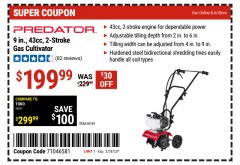 Harbor Freight Coupon PREDATOR 9 IN., 43CC 2-STROKE GAS CULTIVATOR Lot No. 58169 Expired: 2/26/23 - $199.99