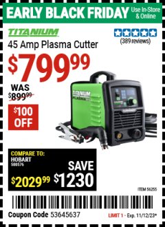 Harbor Freight Coupon CHICAGO ELECTRIC WELDING 20A PLASMA CUTTER Lot No. 58605 Expired: 11/8/23 - $799.99