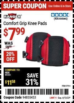 Harbor Freight Coupon COMFORT GRIP KNEE PADS Lot No. 57914 Expired: 4/13/23 - $7.99