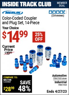 Harbor Freight ITC Coupon MERLIN COLOR-CODED COUPLER AND PLUG SET, 14 PIECE Lot No. 57628, 57629 Expired: 4/27/23 - $14.99