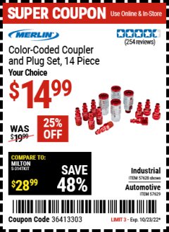 Harbor Freight Coupon MERLIN COLOR-CODED COUPLER AND PLUG SET, 14 PIECE Lot No. 57628, 57629 Expired: 10/23/22 - $14.99