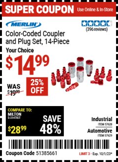 Harbor Freight Coupon MERLIN COLOR-CODED COUPLER AND PLUG SET, 14 PIECE Lot No. 57628, 57629 Expired: 10/1/23 - $14.99