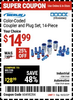 Harbor Freight Coupon MERLIN COLOR-CODED COUPLER AND PLUG SET, 14 PIECE Lot No. 57628, 57629 Expired: 10/22/23 - $14.99