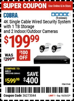 Harbor Freight Coupon COBRA 4K SINGLE CABLE WIRED SECURITY SYSTEM WITH 1 TB STORAGE AND 2 INDOOR/OUTDOOR CAMERAS Lot No. 57648 Expired: 10/23/22 - $199.99