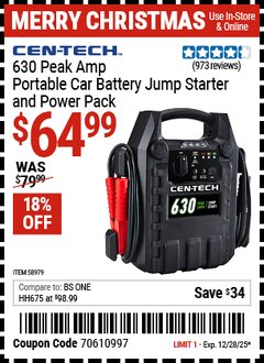 Harbor Freight Coupon CEN-TECH 630 PEAK AMP PORTABLE CAR BATTERY JUMP STARTER AND POWER PACK Lot No. 58979 Expired: 12/28/25 - $64.99