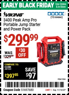 Harbor Freight Coupon VIKING 3400 PEAK AMP PRO PORTABLE JUMP STARTER AND POWER PACK Lot No. 57084 Expired: 11/13/22 - $299.99