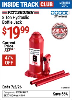 Harbor Freight Coupon PITTSBURGH 8 TON HYDRAULIC BOTTLE JACK Lot No. 56734 Valid: 12/31/69 - 7/2/26 - $19.99