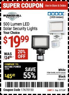 Harbor Freight Coupon 500 LUMEN LED SOLAR SECURITY LIGHT Lot No. 64737,64759 Expired: 3/7/24 - $19.99