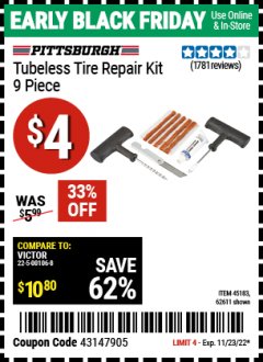 Harbor Freight Coupon TUBELESS TIRE REPAIR KIT 9 PIECE Lot No. 45183,62611 Expired: 11/23/22 - $4