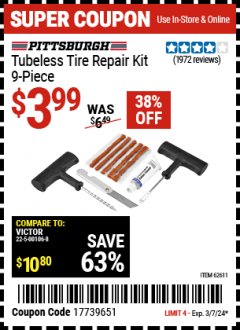 Harbor Freight Coupon TUBELESS TIRE REPAIR KIT 9 PIECE Lot No. 45183,62611 Expired: 3/7/24 - $3.99