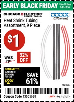 Harbor Freight Coupon HEAT SHRINK TUBING ASSORTMENT, 9 PIECE Lot No. 96024 Expired: 11/23/22 - $1