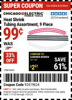 Harbor Freight Coupon HEAT SHRINK TUBING ASSORTMENT, 9 PIECE Lot No. 96024 Expired: 1/22/23 - $0.99
