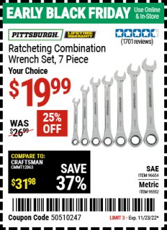 Harbor Freight Coupon RATCHETING COMBINATION WRENCH SET, 7 PIECE Lot No. 96654,95552 Expired: 11/23/22 - $19.99