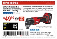 Harbor Freight Coupon BAUER 20V BRUSHLESS CORDLESS VARIABLE SPEED OSCILLATING MULTI-TOOL - TOOL ONLY Lot No. 58379 Expired: 11/27/22 - $49.99