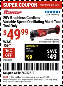 Harbor Freight Coupon BAUER 20V BRUSHLESS CORDLESS VARIABLE SPEED OSCILLATING MULTI-TOOL - TOOL ONLY Lot No. 58379 Expired: 11/27/21 - $49.99
