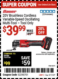 Harbor Freight Coupon BAUER 20V BRUSHLESS CORDLESS VARIABLE SPEED OSCILLATING MULTI-TOOL - TOOL ONLY Lot No. 58379 Expired: 9/17/23 - $39.99