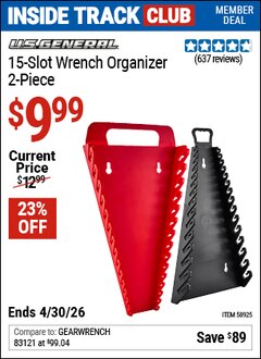 Harbor Freight Coupon U.S. GENERAL 15-SLOT WRENCH ORGANIZER, 2-PIECE Lot No. 58925 Valid: 12/31/69 - 4/30/26 - $9.99