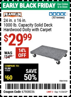 Harbor Freight Coupon FRANKLIN 24 IN. X 16 IN. 1000 LB. CAPACITY SOLID DECK HARDWOOD DOLLY WITH CARPET Lot No. 59102 Expired: 11/23/22 - $29.99