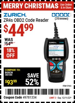 Harbor Freight Coupon ZURICH ZR4S OBD2 CODE READER Lot No. 57663 Expired: 12/11/22 - $44.99